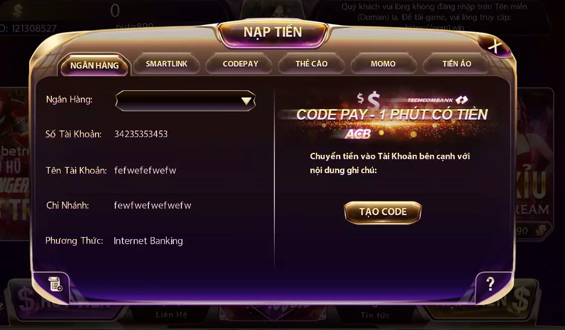 Nạp tiền vào tài khoản qua hình thức Ngân hàng